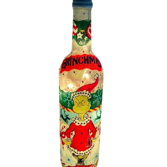 Designer Grinch Merry Grinchmas Bottle Lights Beautiful Handmade Unique Gift - Picture 1 of 8